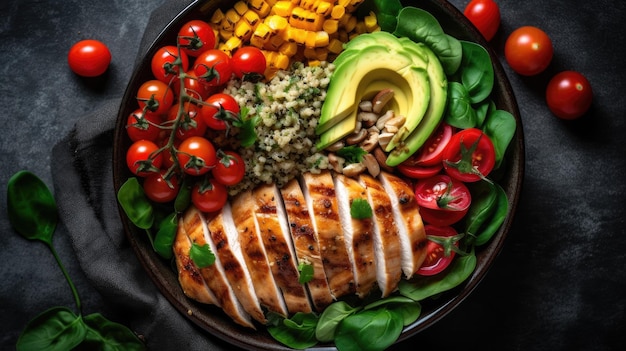 A bowl of food with a chicken salad on it