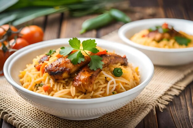 A bowl of food with chicken and vegetables on it