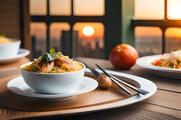 a bowl of food with chicken and vegetables on a plate