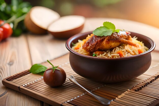 a bowl of food with chicken and vegetables on a wooden table