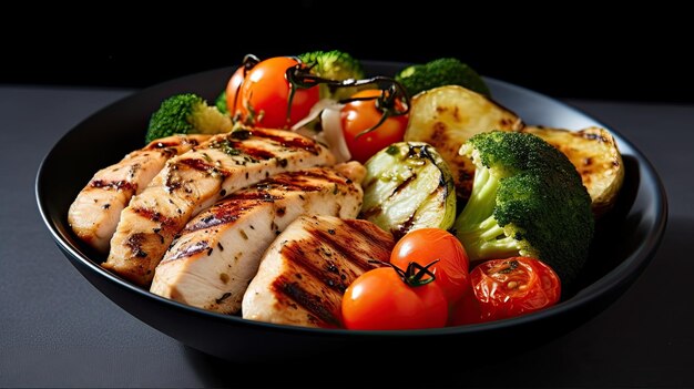 Photo a bowl of food with chicken and vegetables