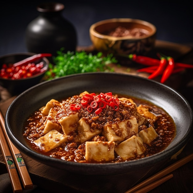 A bowl of food with chopsticks and a bowl of noodles with red chili on the side.