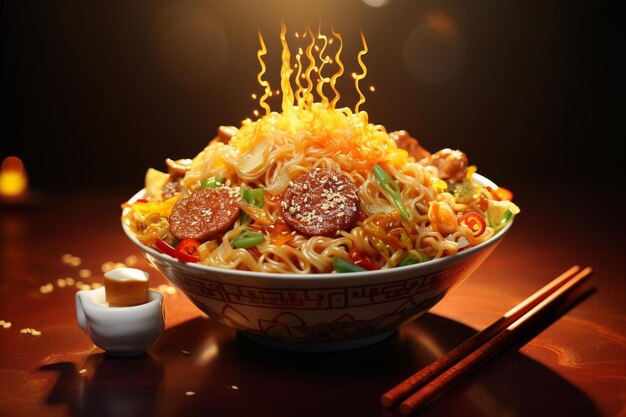 a bowl of food with chopsticks on a table