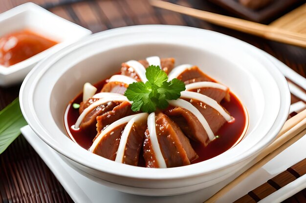 a bowl of food with chopsticks on a table