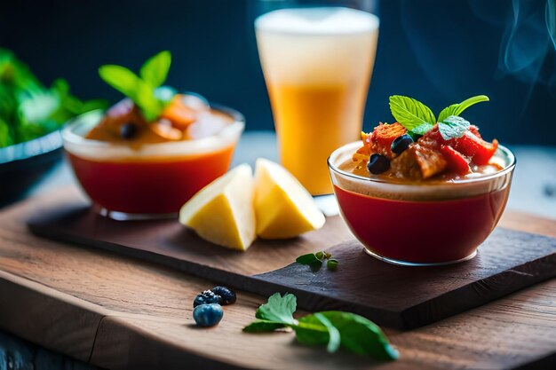 Photo a bowl of food with a drink and a glass of beer