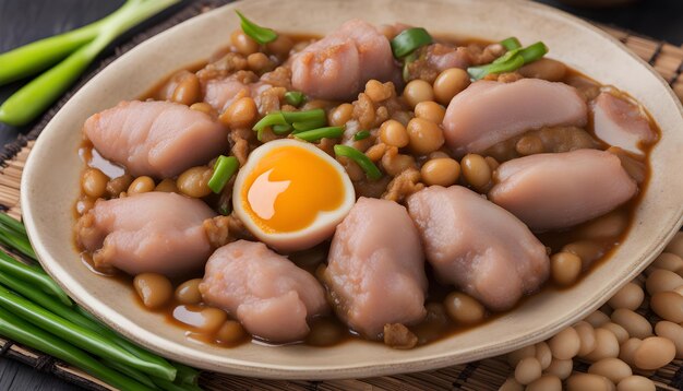 a bowl of food with an egg and beans on it