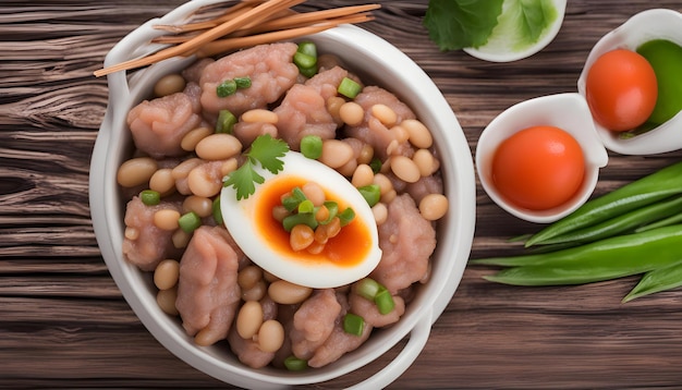 Photo a bowl of food with an egg and beans and a side of rice