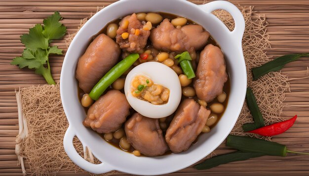 a bowl of food with eggs beans and beans