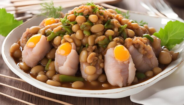 Photo a bowl of food with eggs and beans on it