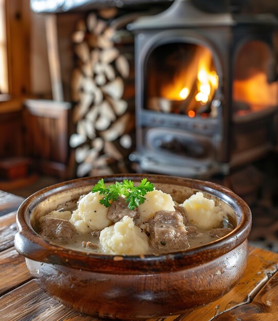 Photo a bowl of food with a fire in the background