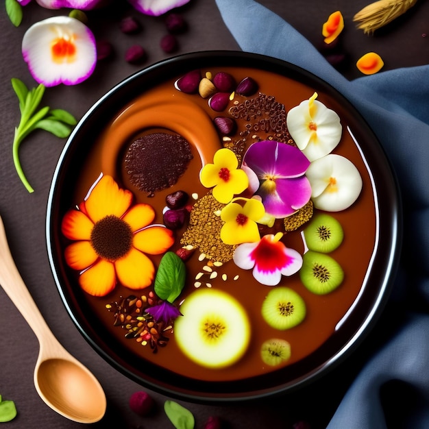 A bowl of food with a flower on it and a spoon on the side