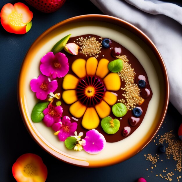 Photo a bowl of food with a flower on it and a white napkin next to it.