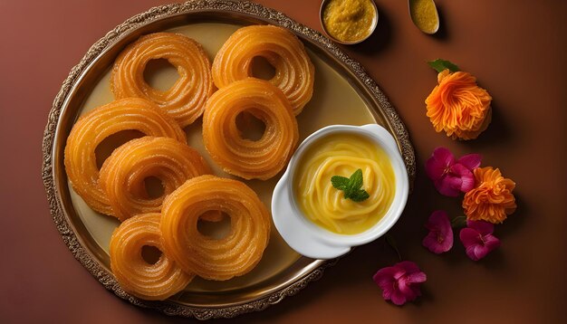 a bowl of food with flowers and a bowl of dip