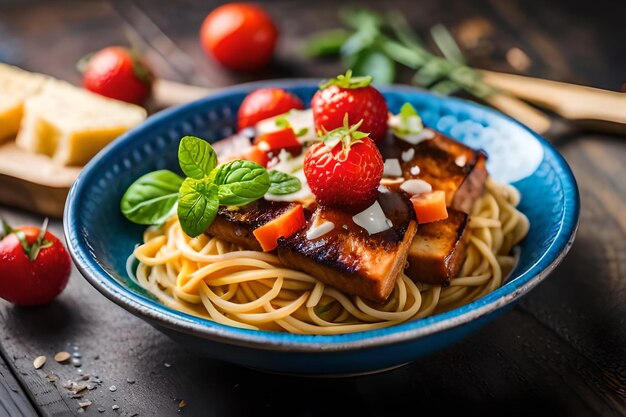 A bowl of food with food and fruit on it