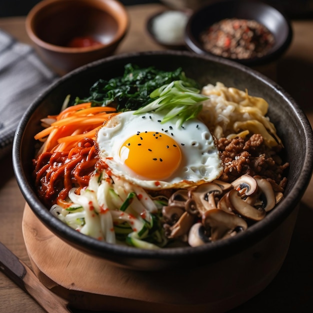 Photo a bowl of food with a fried egg on it