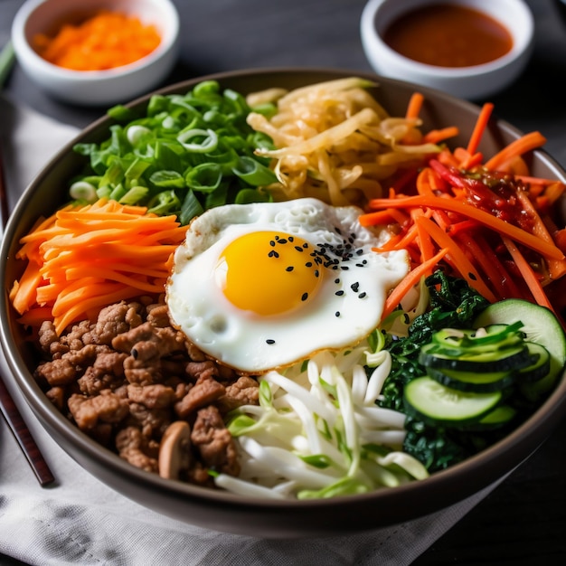 A bowl of food with a fried egg on it