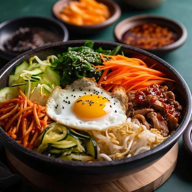 A bowl of food with a fried egg on it