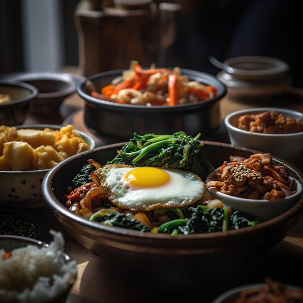 A bowl of food with a fried egg on it