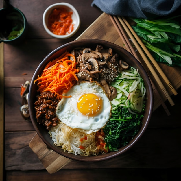 A bowl of food with a fried egg and other food on it.