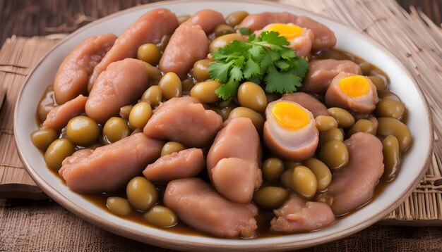 Photo a bowl of food with a fried egg and some parsley