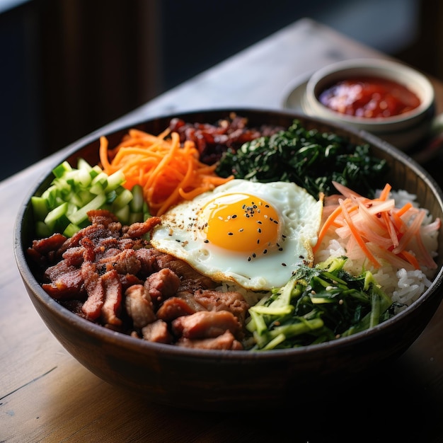 a bowl of food with a fried egg and vegetables