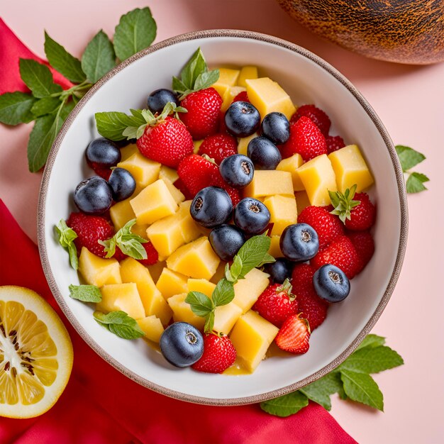 A bowl of food with fruit and other foods falling