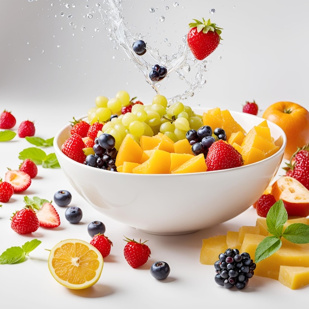 Photo a bowl of food with fruit and other foods falling