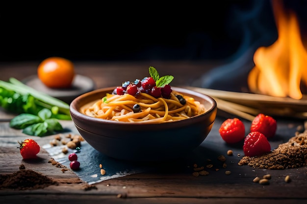 a bowl of food with fruit and vegetables on a wooden table.