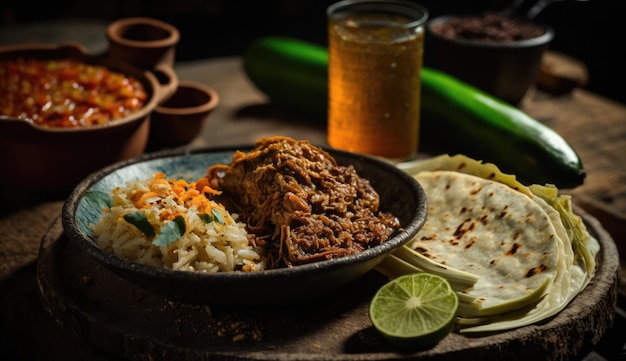 A bowl of food with a glass of beer and a plate of food.