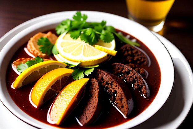 A bowl of food with a glass of beer on the side.