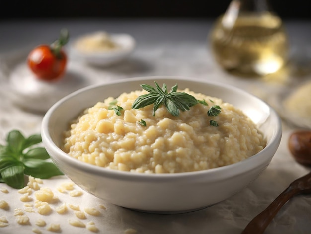 Foto una ciotola di cibo con una guarnizione verde sopra.