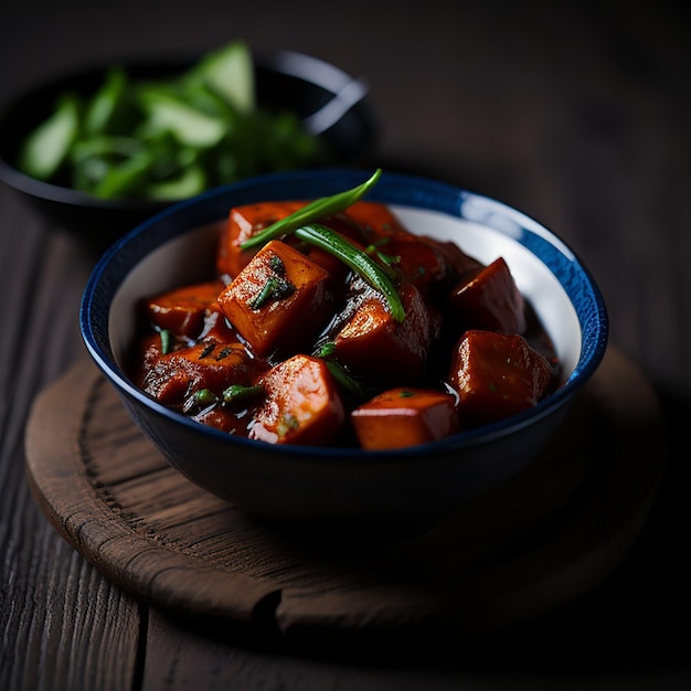 A bowl of food with a green leaf on the side of it