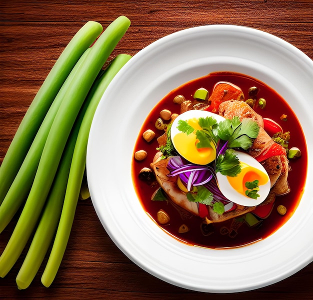 A bowl of food with a green vegetable on it next to it.