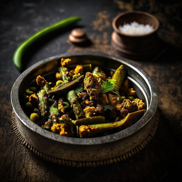 A bowl of food with a green vegetable on it