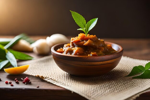 A bowl of food with a leaf of basil on top