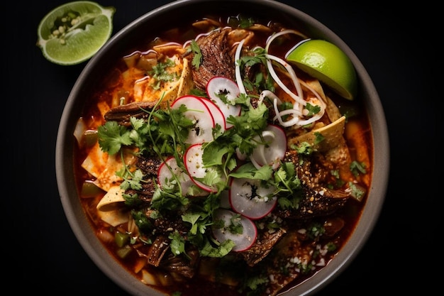 a bowl of food with a lime wedge on top