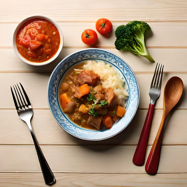 A bowl of food with meat and vegetables next to a bowl of tomato sauce.