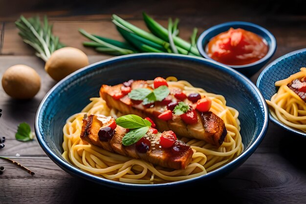 a bowl of food with meat, vegetables and cheese on it.