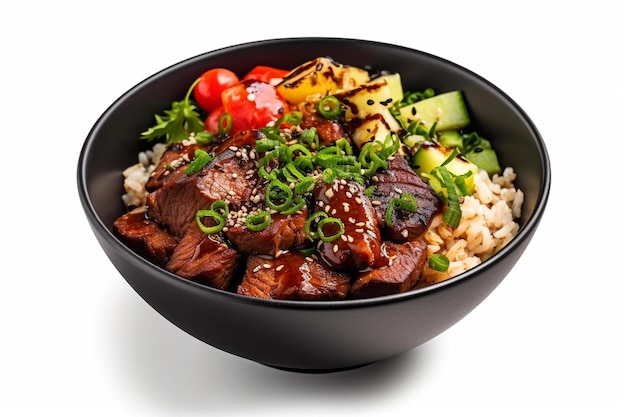 a bowl of food with meat, vegetables, and rice.