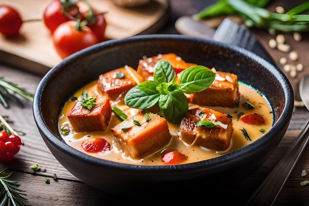 a bowl of food with meat and vegetables on the side