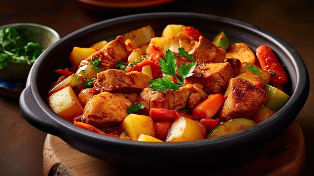 a bowl of food with meat and vegetables on table