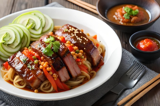 A bowl of food with meat and vegetables on a table