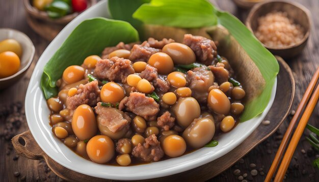 Photo a bowl of food with meat and vegetables on a table