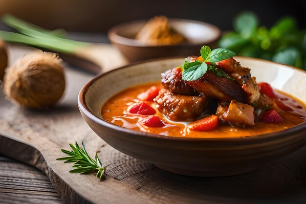 a bowl of food with meat and vegetables on a wooden table