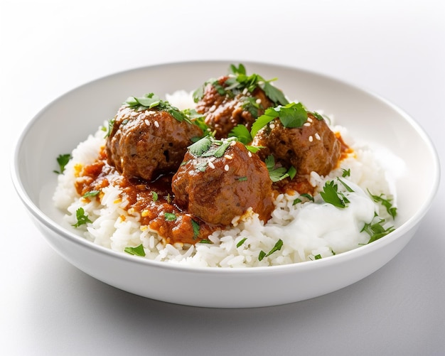 A bowl of food with meatballs and rice on it