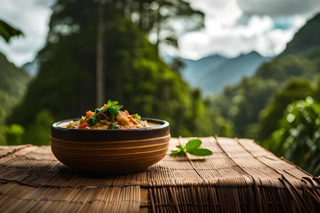 Foto una ciotola di cibo con una montagna sullo sfondo.