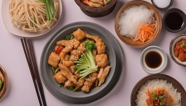 Photo a bowl of food with noodles and broccoli and a pair of chopsticks