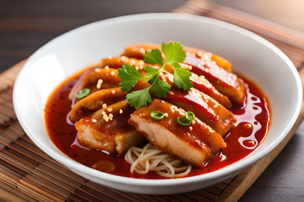 a bowl of food with noodles and meat.