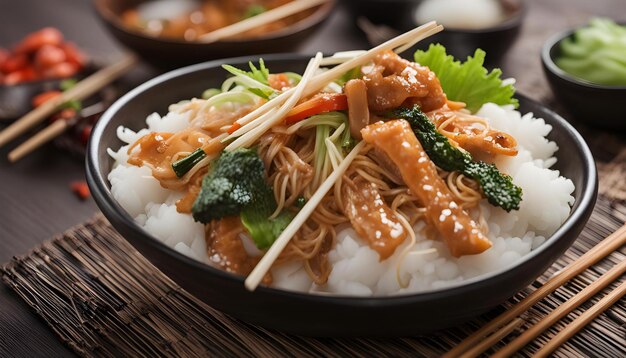 Photo a bowl of food with noodles and vegetables on it