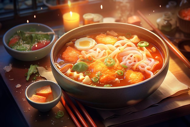 a bowl of food with noodles and vegetables on a table.